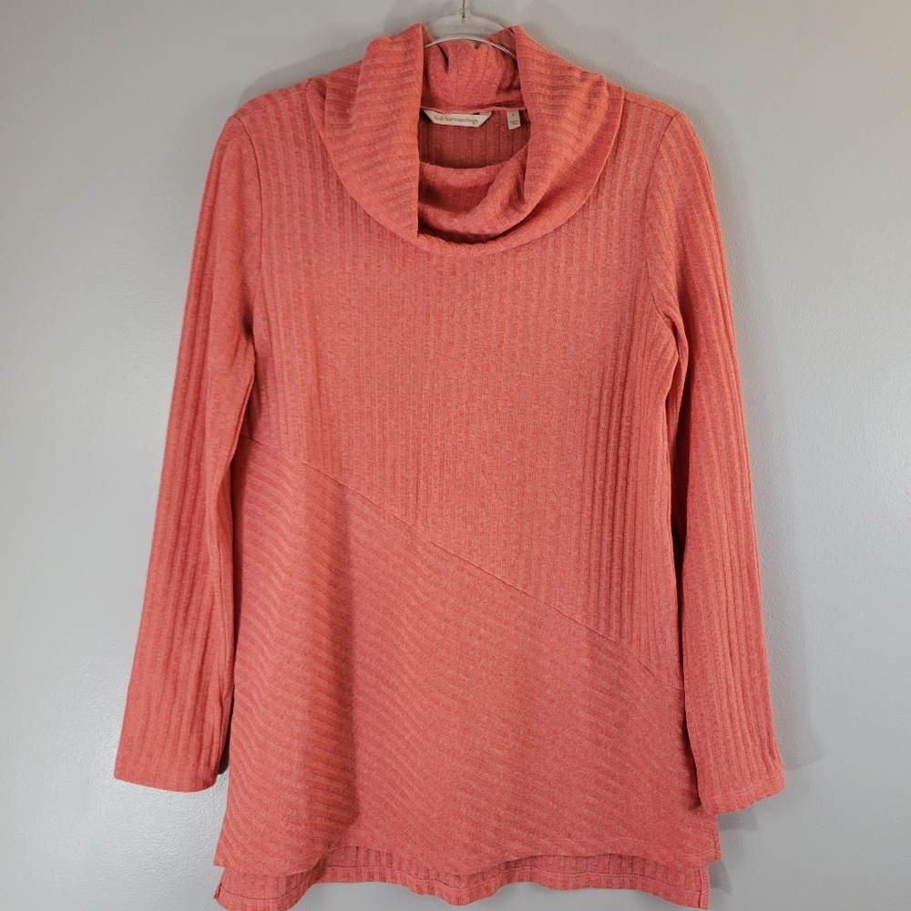 SOFT SURROUNDINGS Tressa coral ribbed knit popover cowl neck tunic top
